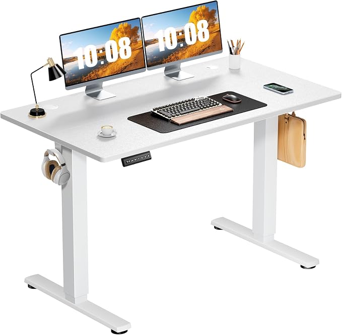 Sweetcrispy Electric Standing Desk, Computer Desk, 48x24 Inch | Adjustable Height, Splice Wood Board, 3 Memory Preset, Sit Stand Work Table for Home Office, White