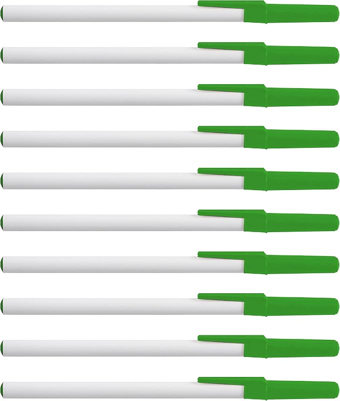 DISCOUNT PROMOS Value Stick Pens Set of 10, Bulk Pack - Blue Ink, Great for Office, School, Business, Tradeshows, Events - Green Cap