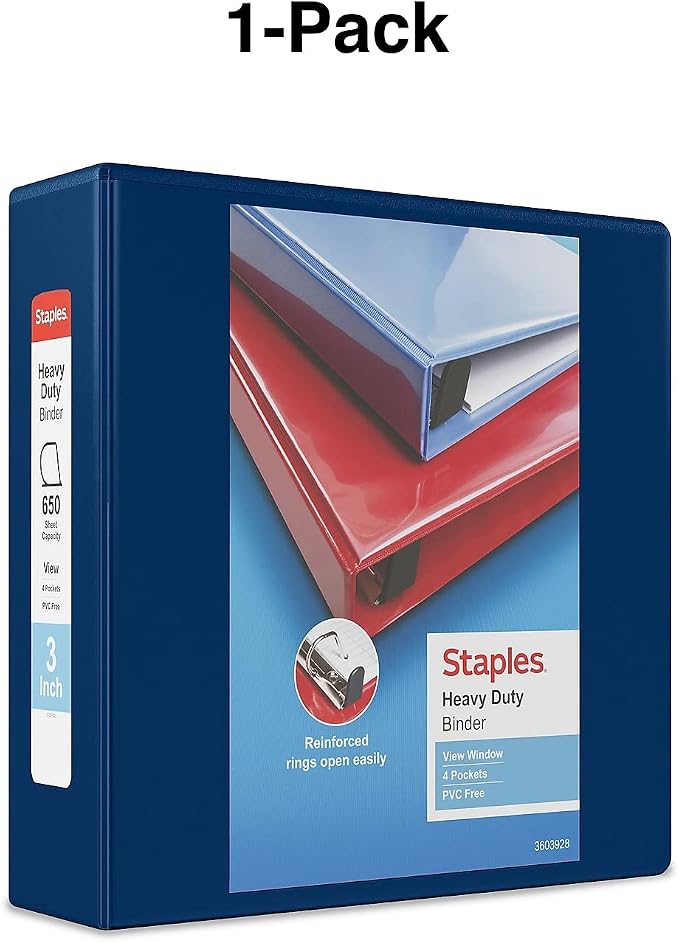 Staples Heavy‑Duty View Binder, 3" D‑Ring, Blue, Reinforced Spine, High‑Capacity 3‑Ring Binder for School & Office Organization