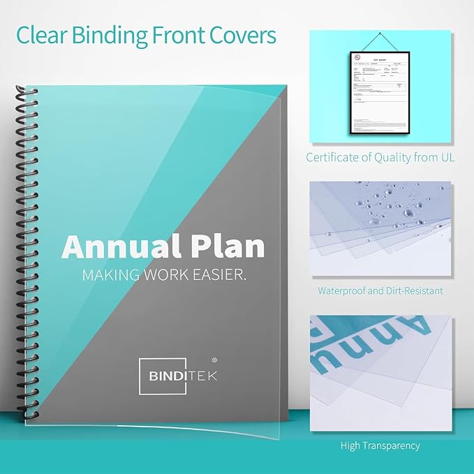 Binditek Binding Covers Set, 8.5x11 Inches, 8Mil PVC & 12Mil Poly, 1000Pack | Binding Covers and Backs Set, Letter Size, 8 Mil Clear PVC Binding Cover, 12Mil Black Poly Cover, Square Corners, Unpunched