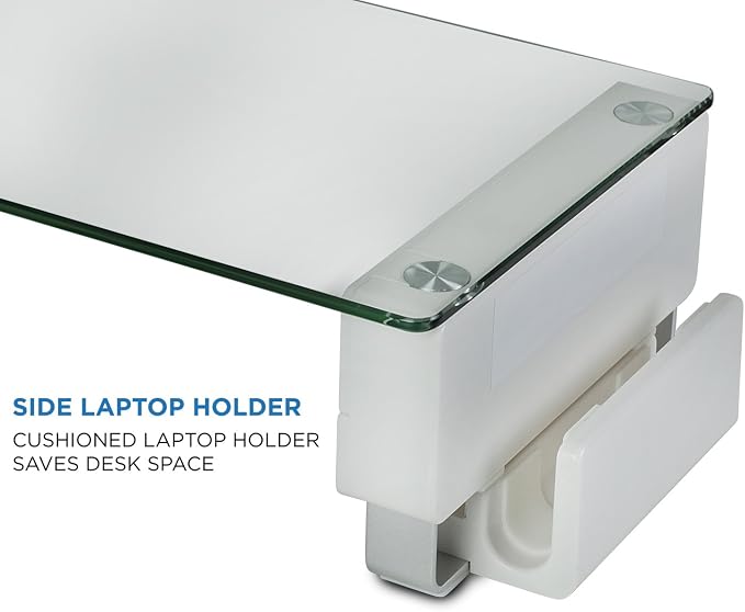 Mount-It! Glass Monitor Stand with 3 USB Ports, 66 lbs | Desktop riser fits 24, 27, 30 & 32 inch screens, adds convenient USB pass-through ports at desk level.