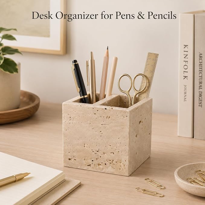 Natural Travertine Pen Holder, 2-Compartment Desk & Makeup Brush Organizer | Pen Holder for Pens, Scissors and Office Desk Decor, 3.94 x 3.94 x 3.94 in