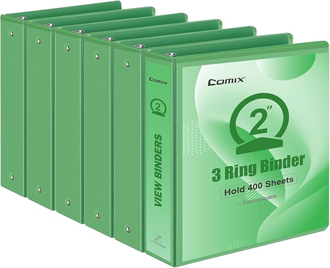 COMIX Sturdy Standard 2 Inch 3 Ring Binder with Clear View Cover | 2"Round Ring,PVC-Free,Holds 400 Letter Sheets,Morandi Multicolor for Students & Office,6 Pack (Sea Green)