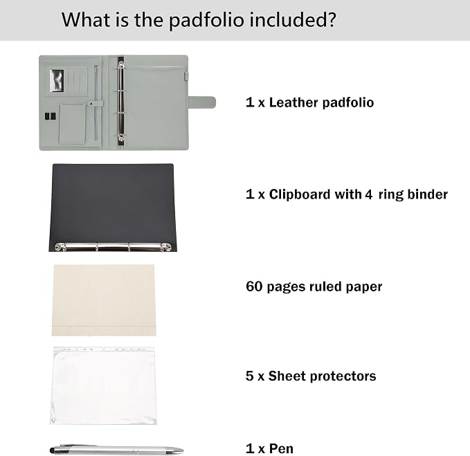 Wonderpool A4 PU Leather 3 & 4 Ring Holder Writing Portfolio Multi Document Case with Removable Binder Clipboard and Functional Pocket for Organizer Office Travel School (Green)
