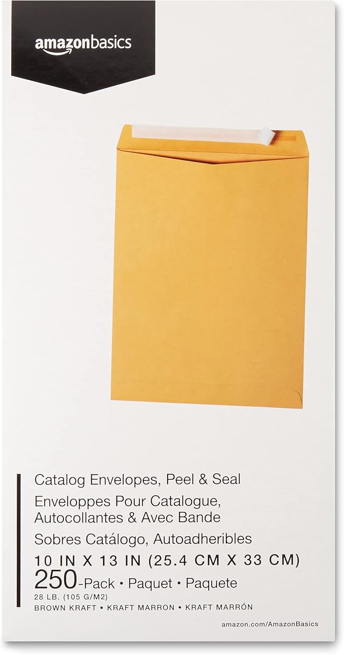 Amazon Basics Catalog Self Seal Mailing Envelopes, Peel and Seal, 10" x 13", Brown Kraft, 250-Pack
