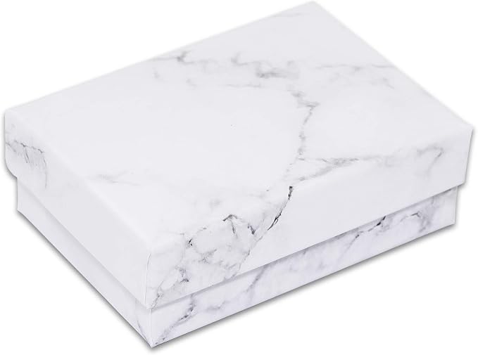 TheDisplayGuys 25 Cardboard Jewelry Gift Boxes with Inserts - Marble White | Size #32 - 3.3" x 2.3" x 1.0", Lids, Cotton Filled Padding, Kraft Paper, Bulk Pack Case, for Shipping, Organizers, Storage