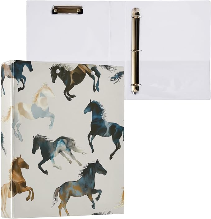 Western Brown Horse 3 Ring Binder with 2 Interior Pockets 1.5 inch Binders 3 Ring Heavy Duty Fit 8.5" x 11" Letter Size for Office School, 2 Pack