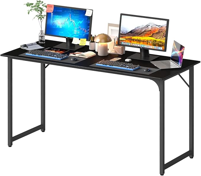 PayLessHere | 55 Inch Computer Desk | Black | Office Desk with Metal Frame, Adjustable Feet | Water-Resistant, Scratchproof Surface | Sturdy Writing Table for Home Office or Study | Pack of 1