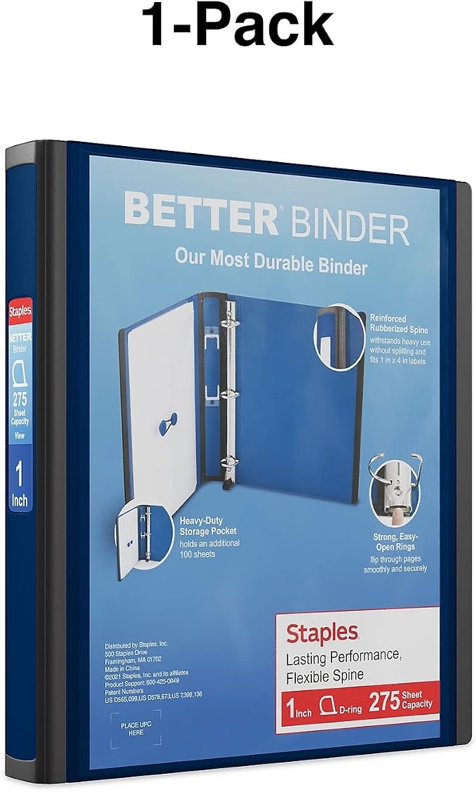 Staples Better View 1-Inch D-Ring Binder, Blue, Clear Overlay | Durable 3-ring binder for school and office document organization.