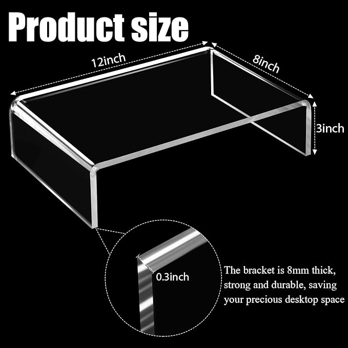Jetec 2 Pcs Acrylic Monitor Stand Desktop Video Acrylic Monitor Riser Desk Shelf Computer Stand for Laptop TV Computer Screen Desk Organizer Teacher's Day Supplies (Clear, 12 x 8 x 3 Inch)