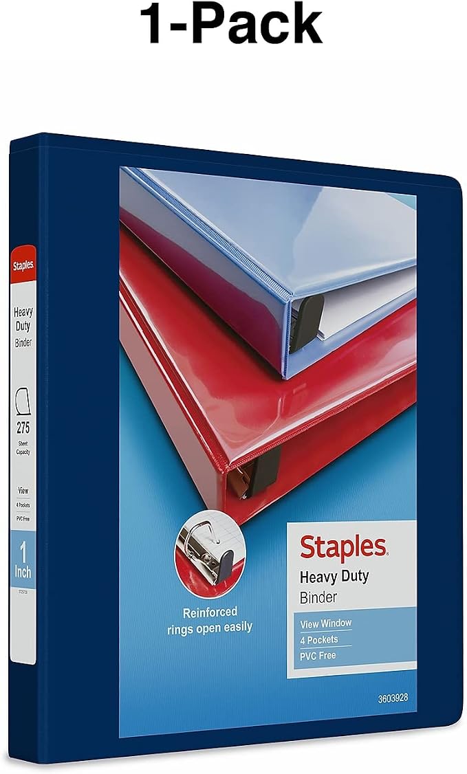Staples Heavy-Duty 1-Inch D-Ring View Binder, Reinforced Spine, Holds Up to 275 Sheets, Blue, for Office & School