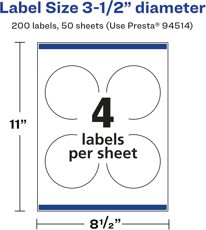 Avery® Glossy White Round Labels, Sure Feed® Technology, 3.5" Diameter, 200 Glossy White Labels, Print-to-The-Edge, Permanent Adhesive, Laser/Inkjet Printable
