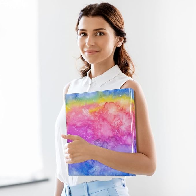 3 Ring Binder Rainbow Watercolor 1.5 Inch Three Ring Binder | Cute Binder with 3 Storage Pockets for Women School Office Supplies