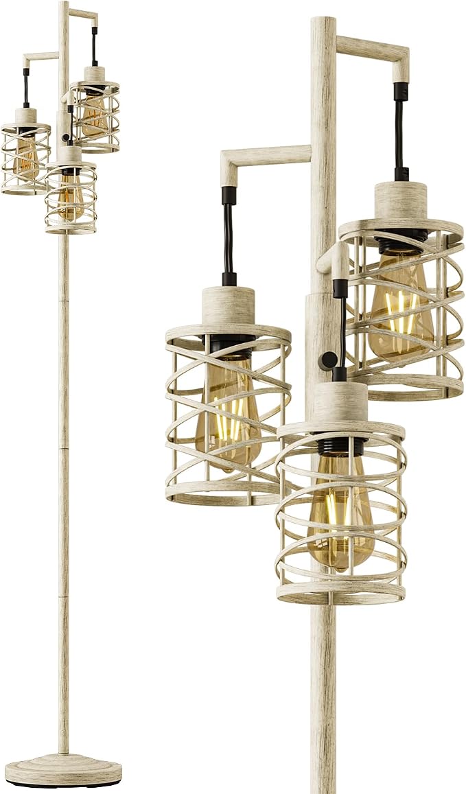 70" Industrial Floor Lamp, Stepless Dimmable Standing Lamp with 3 Bulbs, Farmhouse Corner Standing Tree Lamp for Living Room, Tall Lamps for Bedroom, Office, Dining Room, Antique Beige White