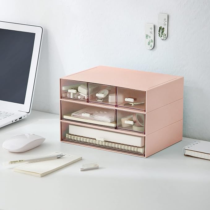MILULUGO Desk Organizer with 6 Drawers, Makeup Organizer, Plastic Makeup Storage, Cosmetic Storage Organizer, Desk Storage Box, Bathroom Organization Boxes, Desktop Storage Box(Pink)