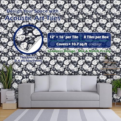 PINWELIFE® Acoustic Art Tiles – 8-Pack 12"x16" Sound Absorbing Panels, Seamless Wallpaper-Style Decorative Acoustic Wall Art, Echo Reduction for Home Studio/Office, Nano Tape Included