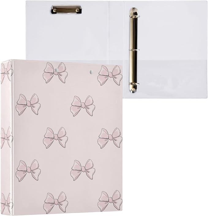 3 Ring Binder 1.5 Inch Cute Beautiful Pink Bows Clipboards Binders with Interior Pockets Round Ring Binder for Office Supplies and School
