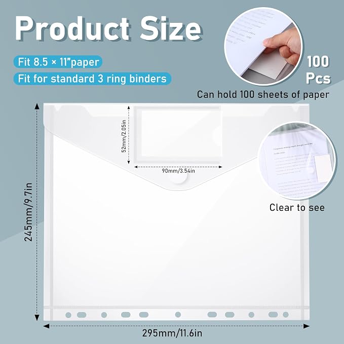 Yeaqee 100 Pcs Binder Pockets 11 Holes, Clear Poly Binder Envelopes with Hook Loop Closure and Label Pocket, Fits 8.5x11 Letter Size for 2/3/4 Ring Binders, Back to School Supplies