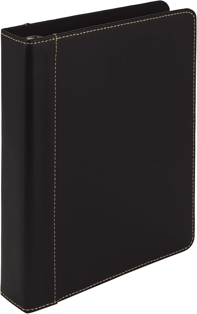Samsill 1" Junior Size 3 Ring Binder, Leather, Black with Contrast Stitching, Holds 8.5 x 5.5 Paper, 3 Rings, Notebook Binder, Portfolio Organizer, Planner, Journal