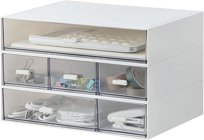 MILULUGO Desk Organizer with 6 Drawers, Makeup Organizer, Plastic Cosmetic Organizer, Bathroom Organization Boxes, Desktop Storage Box(White)