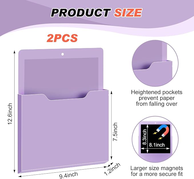 Feifeiya 2 Pcs Magnetic File Folder Wall Hanging Holder Large Pocket Paper Magazine Mail Organizer for Refrigerator Classroom Locker Whiteboard(Vertical,Purple Color,12.2 x 9.4 Inches)