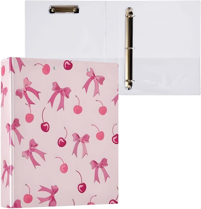 3 Ring Binder Pink Bows Cherry 1.5" Round Ring Binders View Binder with 200 Sheet for Kids School Supplies Women Men Office, 1 Pack