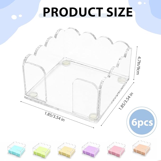 Pack of 6 Scalloped Acrylic Sticky Note Holder 3x3 Inch for Home Dorm | Clear Wave Design Post It Note Dispenser, Thick Acrylic Notepad Desk Organizer for Office Home Dorm Classroom