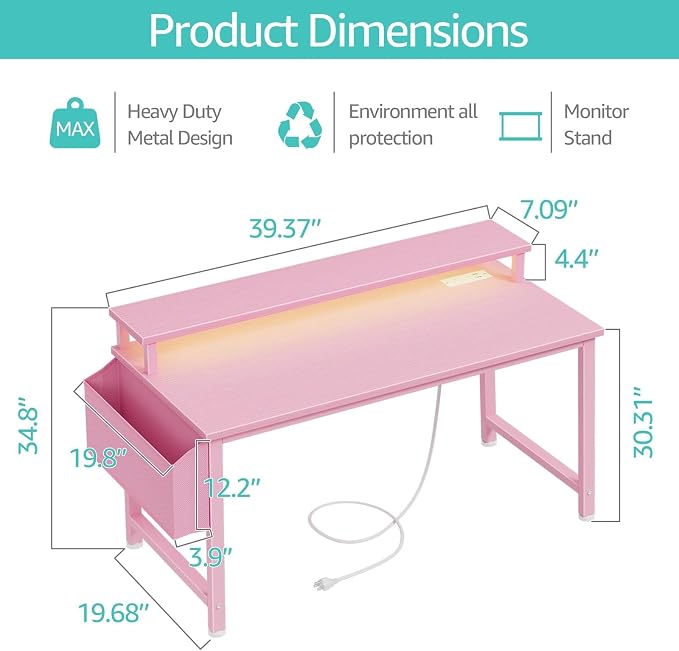 Lufeiya Girls Desk with Power Outlets and LED Lights, 40 Inch Gaming Desk Table with Charging Station, Home Office Computer Desks with Monitor, Pink