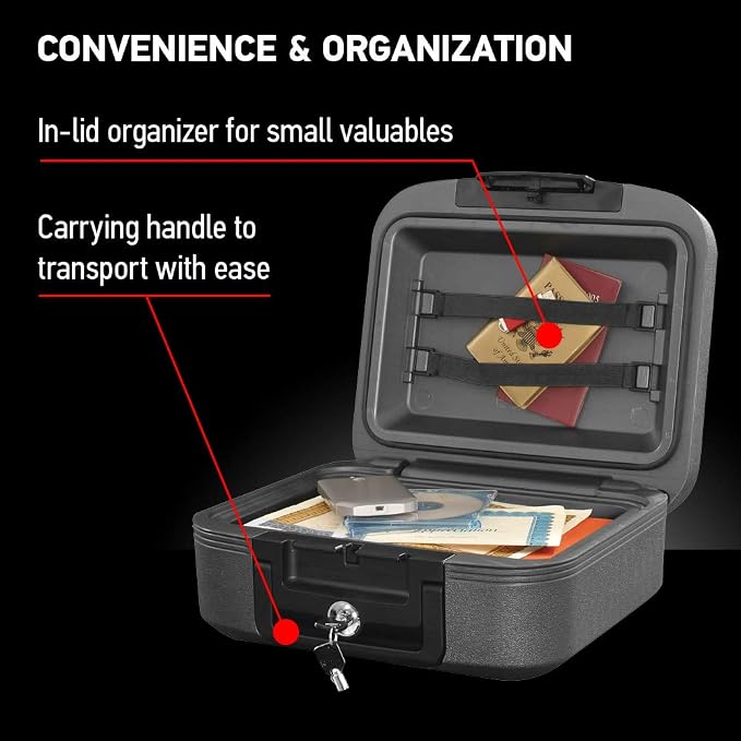 SentrySafe Charcoal Gray Fireproof and Waterproof Safe Box with Key Lock, Portable Chest for Money, Passport, 0.28 Cubic Feet, 6.6 x 15.4 x 14.3 Inches, CHW20221 | Fire and Water Resistant Protection, Key Lock Security, Portable Chest Safe Protects Val...