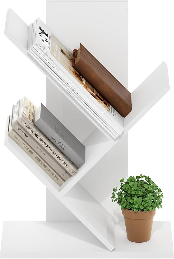 Furinno Tree Book Shelf, 3-Tier Bookshelf with Angled Open Shelf, Tree Bookcase for Room Decor, 8.4 x 15.7 x 21.3, for Organization and Storage, for Living Room, Bedroom, Home Office, White