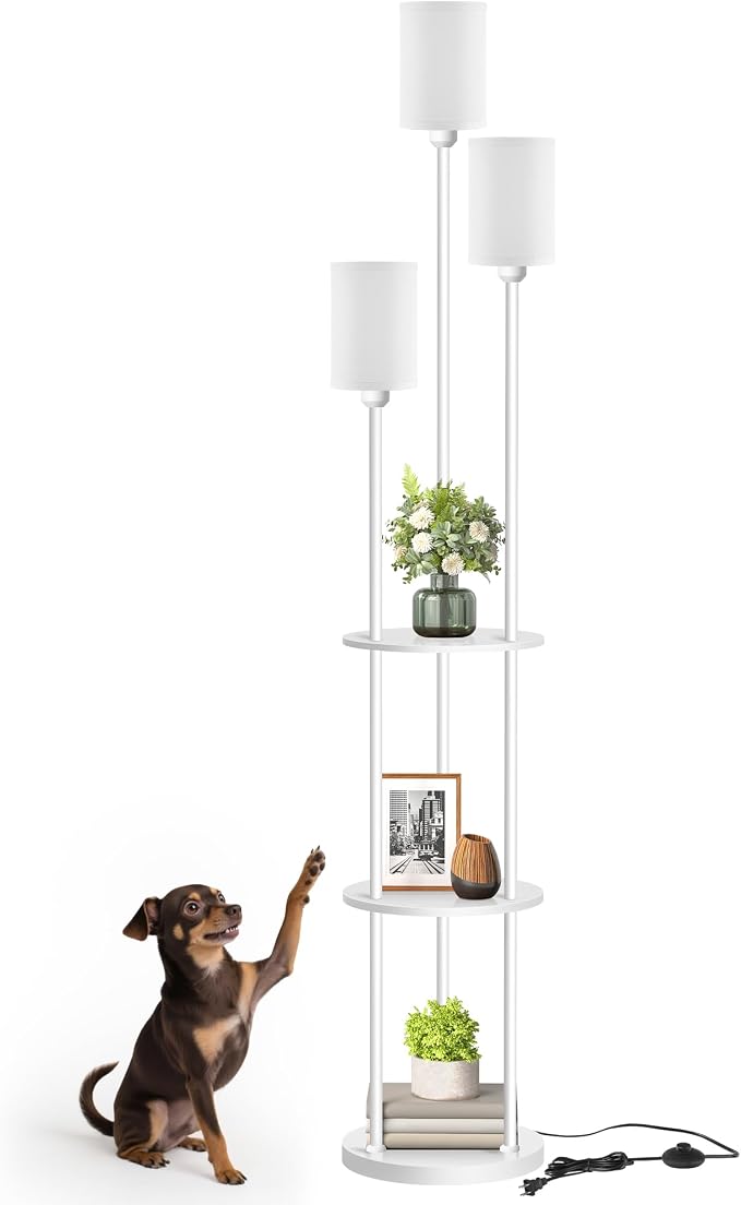 Floor Lamp with Shelves, Modern Floor Lamp with 3 Linen Shades and Foot Switch, 3-Light Standing Lamp, for Living Room, Bedroom, Study, Office, White W53LD05