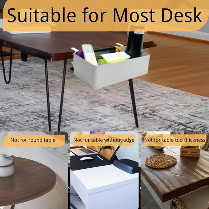 Desk Side Storage Hold Up To 11lbls Hanging Side Of Desk Organizer Clamp On Table Edge To Store Office Accessories, Gaming Devices, Cups For Office, Living Room, Dinning Room (White)