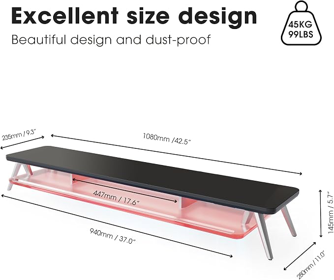 Fenge Dual Monitor Stand Riser with Phone & Tablet Slot, Black | Thickened Frosted Acrylic Shelf, Aluminum Legs, 2-Tier Storage, 42.5-Inch Desk Shelf for Gaming, Home Office & Streaming