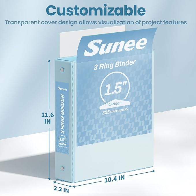 SUNEE 1.5 Inch Binders 3 Ring 4 Pack, Clear View 1 1/2 Inch Binders Three Ring PVC-Free (Fit 8.5x11 Inches) for School or Office Supplies, Blue