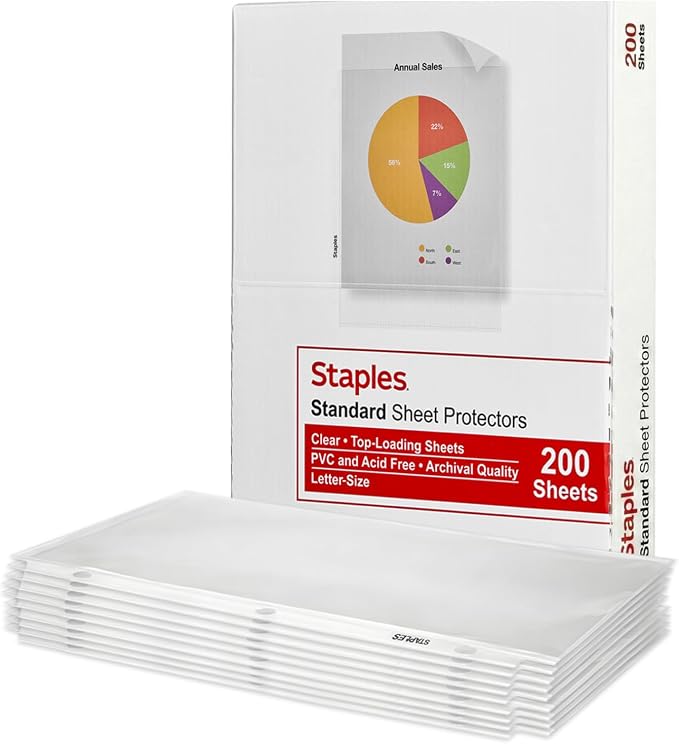Staples Sheet Protectors, 8.5x11 Inch, Top-Loading, Clear, 200-Pack | 2.4 mil standard-weight pages protect documents in binders and folders.