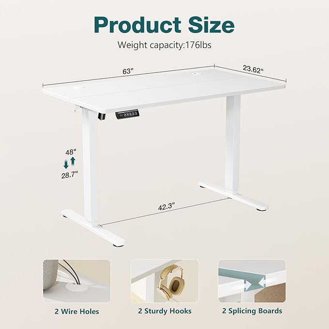 Sweetcrispy Electric Standing Desk, Computer Desk, 63x24 Inch | Adjustable Height, Splice Wood Board, 3 Memory Preset, Sit Stand Work Table for Home Office, White