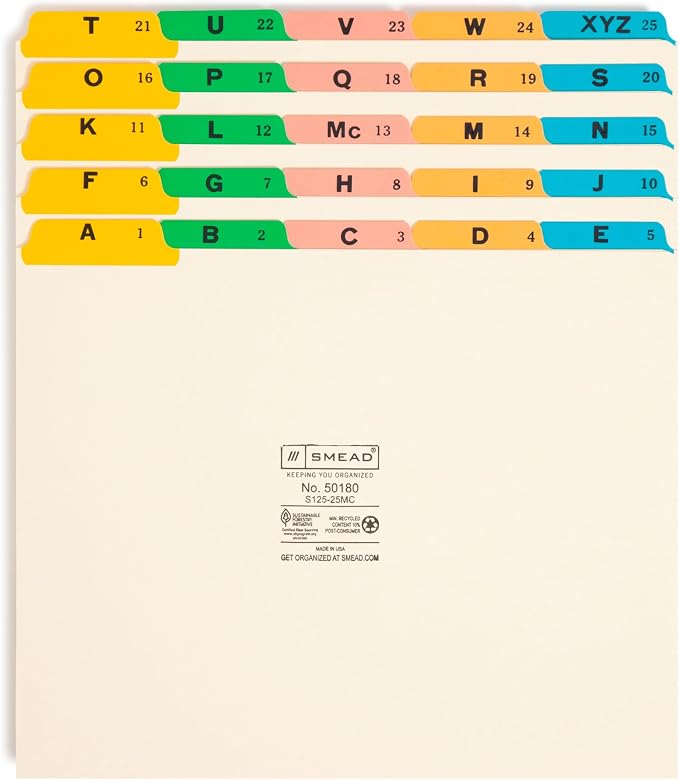 Smead Top Tab File Guides, 25 Count, Manila, 1/5-Cut Tabs, Letter Size (50180)