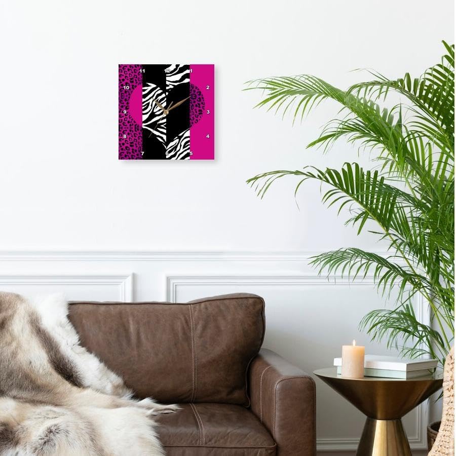 Janna Salak Designs Pink Black/White Animal Print Leopard and Zebra Wall Clock, 10 by 10-Inch