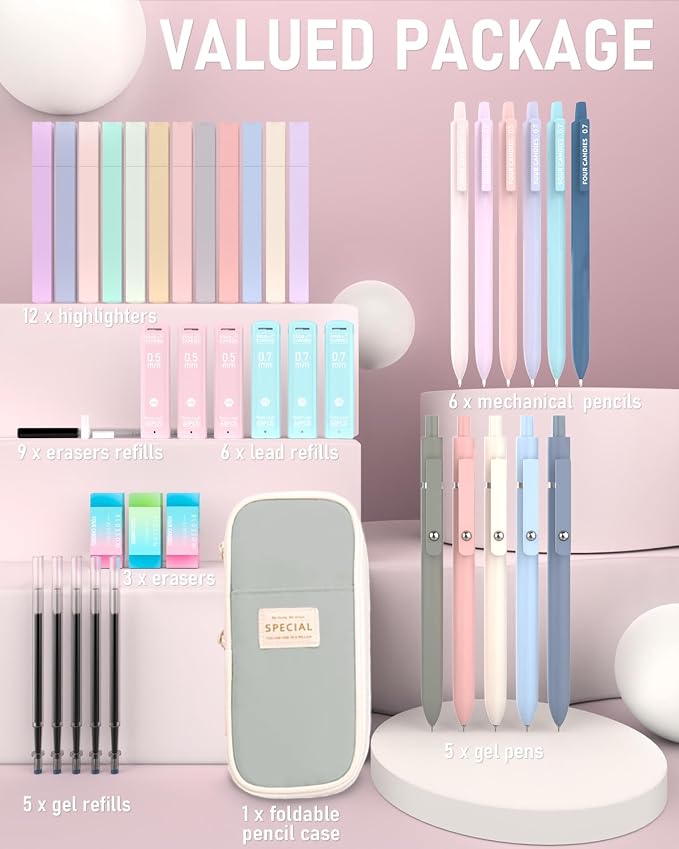 Four Candies 39 PCS Aesthetic School Supplies + 12PCS Black Ink Pens with 2 Highlighter for School