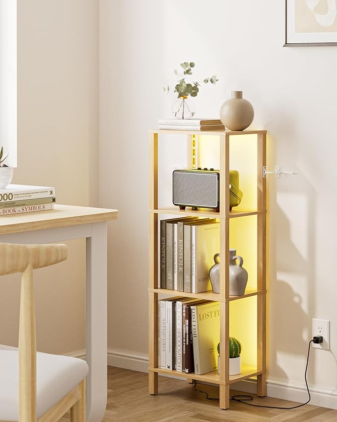 Open Book Shelf with LED Lights, 4 Tier Small Bookshelf, Freestanding Shelf Narrow Bookcase with Open Shelves, 14.96" x 10.63" x 41.26", Book Shelves for Living Room, Office, Study, Oak