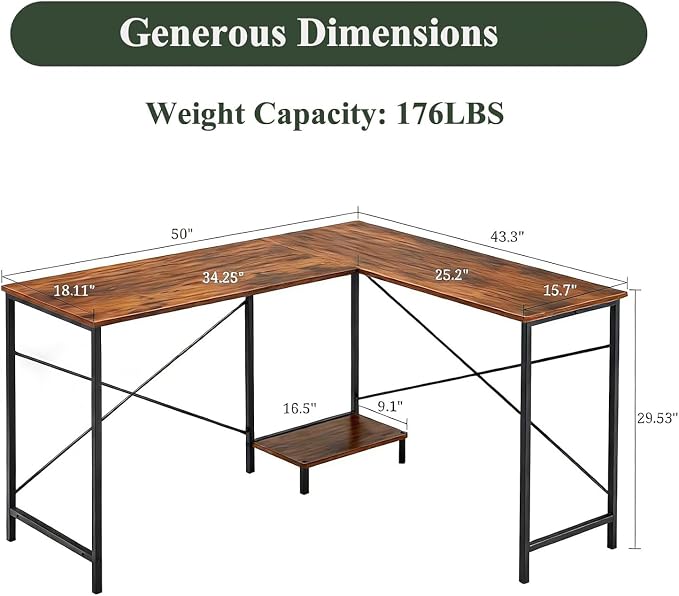 L Shaped Desk Computer Desk, 50inch Brown Gaming Desk with CPU Stand | Reversible Corner Desk, Sturdy Metal Frame, Student Study Writing Table for Home Office