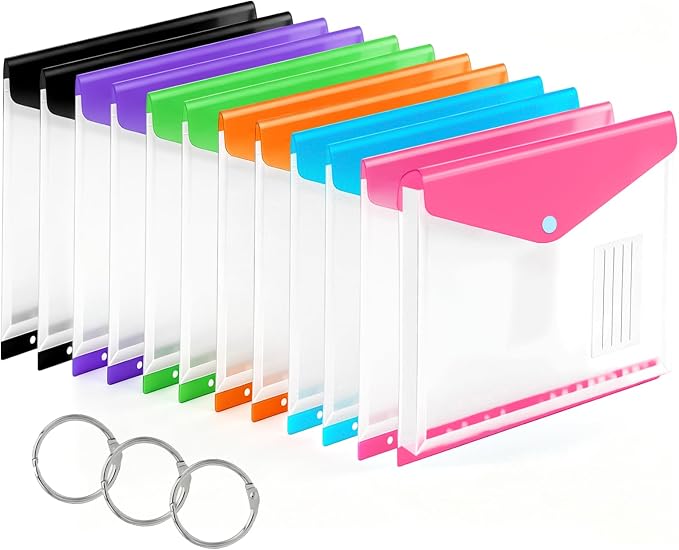 12 Pack Plastic Envelopes Binder Pocket 11 Holes Expandable Binder Folders for 2/3/4 Ring Document Pouch with Snap Button & Label Loose-Leaf Transparent for School Home Office (Side-Opening)