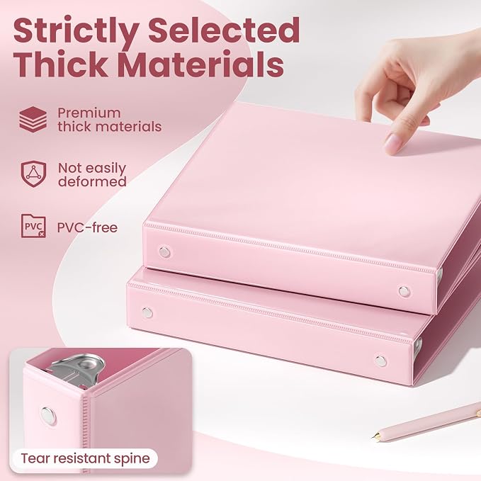 SUNEE 1 Inch Binders 3 Ring 6 Pack, Clear View Three Ring Binder PVC-Free (Fit 8.5x11 Inches) for School or Office Supplies, Pink