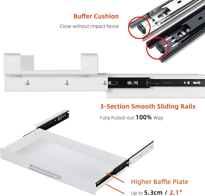 Under Desk Drawer 21" with 4 Divider Trays, Storage Drawer Organizer | White, Under Counter, Desk Accessory, Attachable for Workbench, Adjustable Brackets, for Desk Lip with Crossbar, Clamp Mount