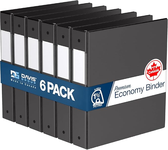 Premium Economy 3-Ring Binder, Spine Label, 1.5" D Rings, 6 Pack | Heavy-duty binder, fits 8.5" x 11" paper, black, customizable spine, made in Canada, ideal for school or office use