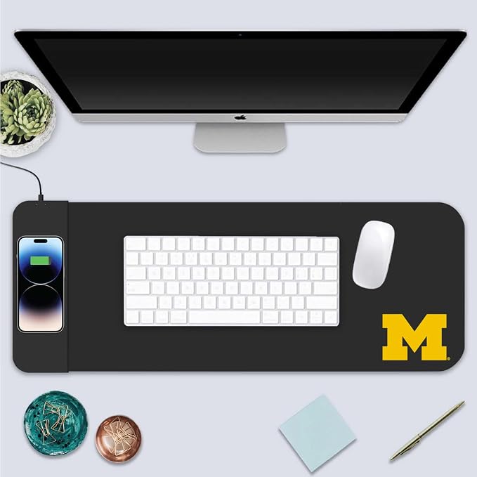 University of Michigan Classic Wireless Charging Cloth Desk Mat, Durable Office Supplies, Non-Slip Base, Quick Charging Wireless Desk Pad, Black