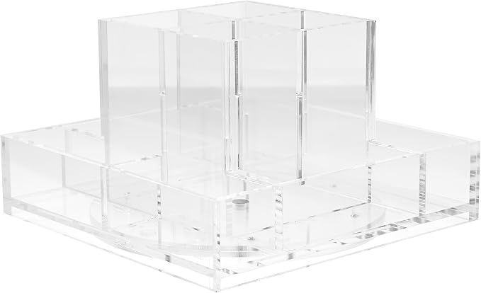 russell+hazel Acrylic Carousel Pen Holder for Desk, Clear, 4 Compartments | Keeps pens, pencils & small supplies sorted in a revolving caddy. Four clear acrylic compartments with polished edges.