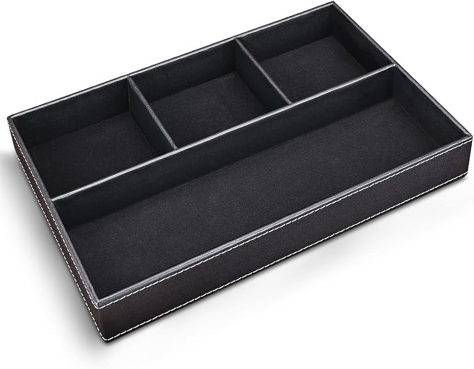 Pu Leather Desk Organizer Tray, 4 Compartment Office Storage Supplies Stationery Drawer Tray, Nightstand Bedside Tray for Key, Wallet, Sunglass, Watch, Coin, Phone Valet Tray Stackable Black