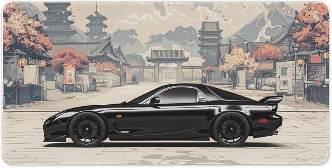Japanese Black Cool Sport Car Mouse Pad Large Gaming JDM Rx7 Mousepad Desk Pad for Keyboard and Mouse Non-Slip Rubber Base Office Desk Accessories 23.6" X 11.8"