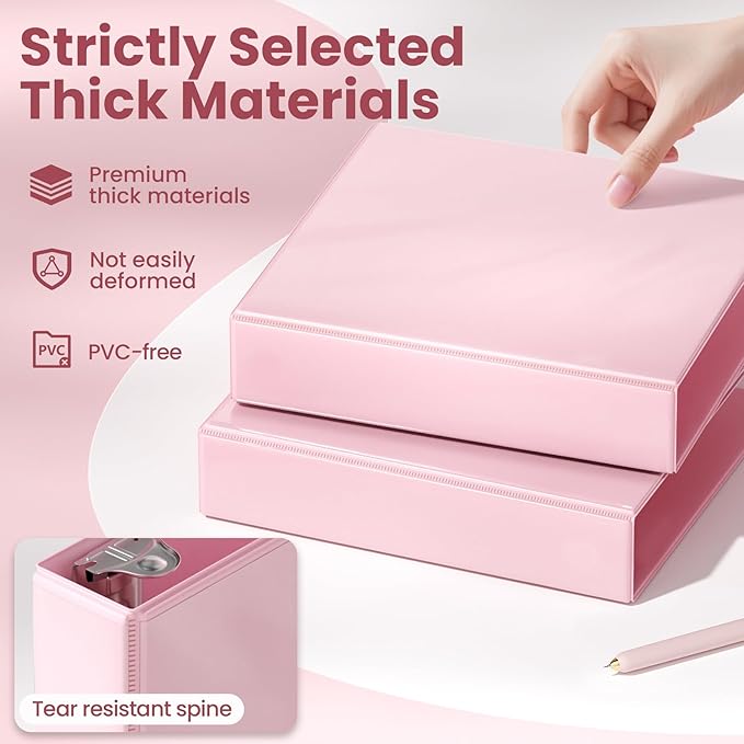 SUNEE 3 Ring Binder 1.5 Inch D Ring, Clear View Three Ring PVC-Free (Fit 8.5x11 Inches) for School or Office Supplies, Pink, 1 Pack